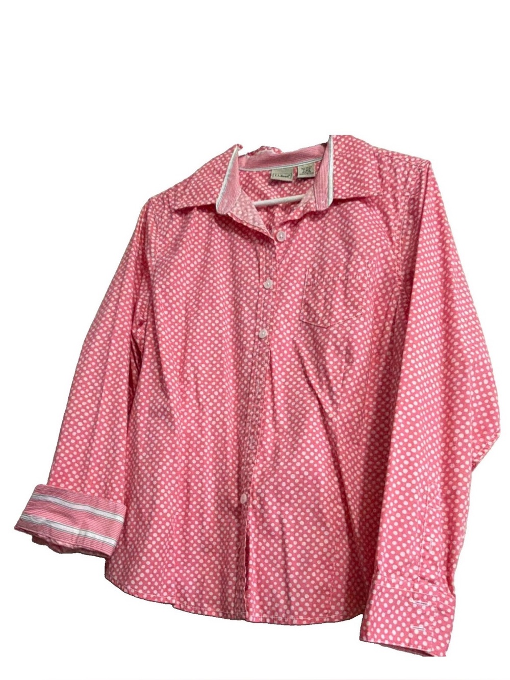 L.L.Bean Women's Pink/White Polka Dot Button-Up Shirt 96% Cotton Size L